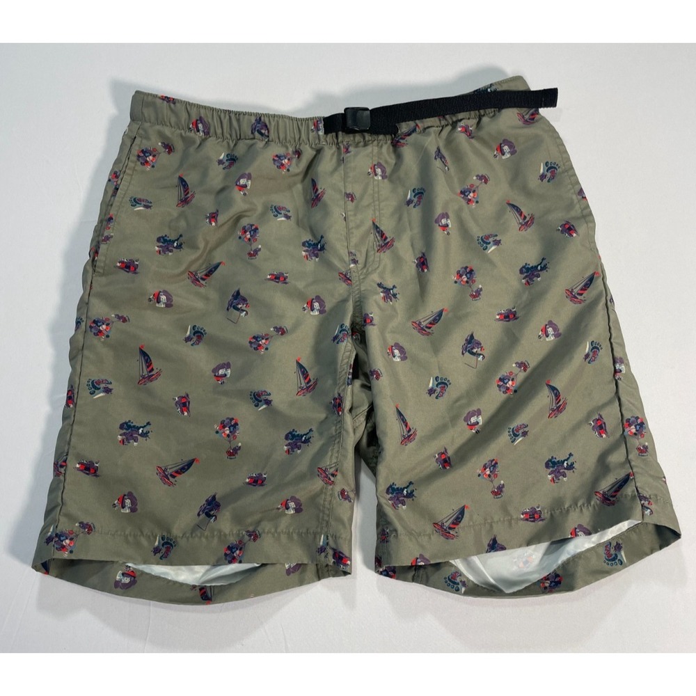 Kavu Big Eddy Salty Sailor Shorts Mens‎ Large L Green Print Swim Multiuse Belted